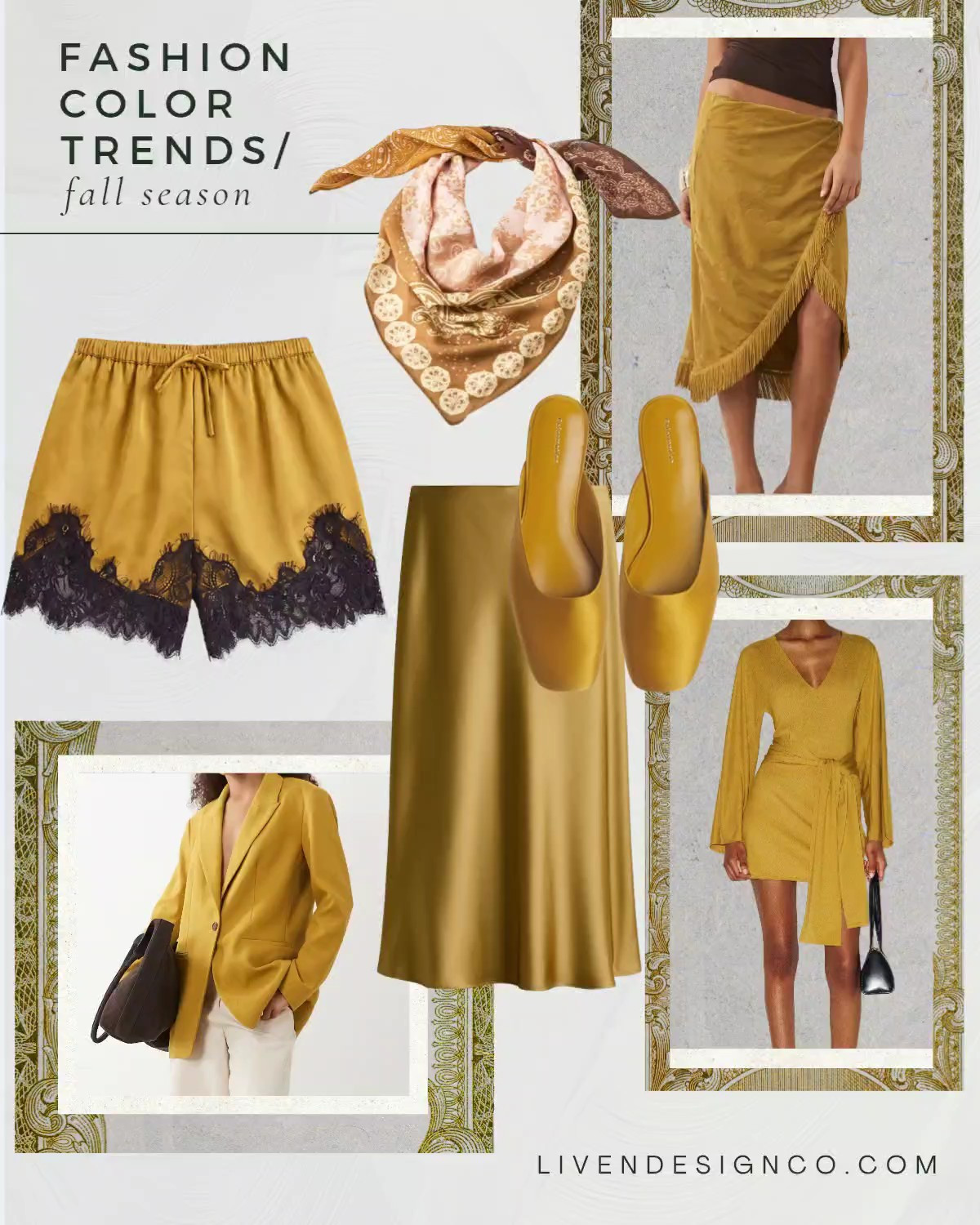 Fall color trends. Fashion trends. Ochre. Mustard. Ochre heels. Ochre satin lace shorts. Ochre scarf. Ochre dress. Satin silk skirt. Suede skirt

#LTKSeasonal #LTKSaleAlert