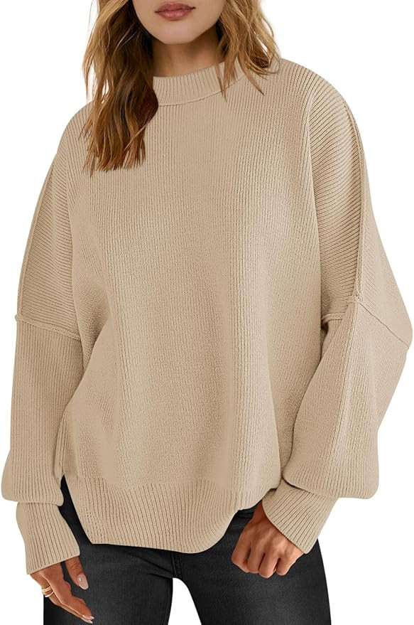 LOGENE Women's Oversized Batwing Long Sleeve Crewneck Side Slit Ribbed Knit Pullover Sweater Tops | Amazon (US)