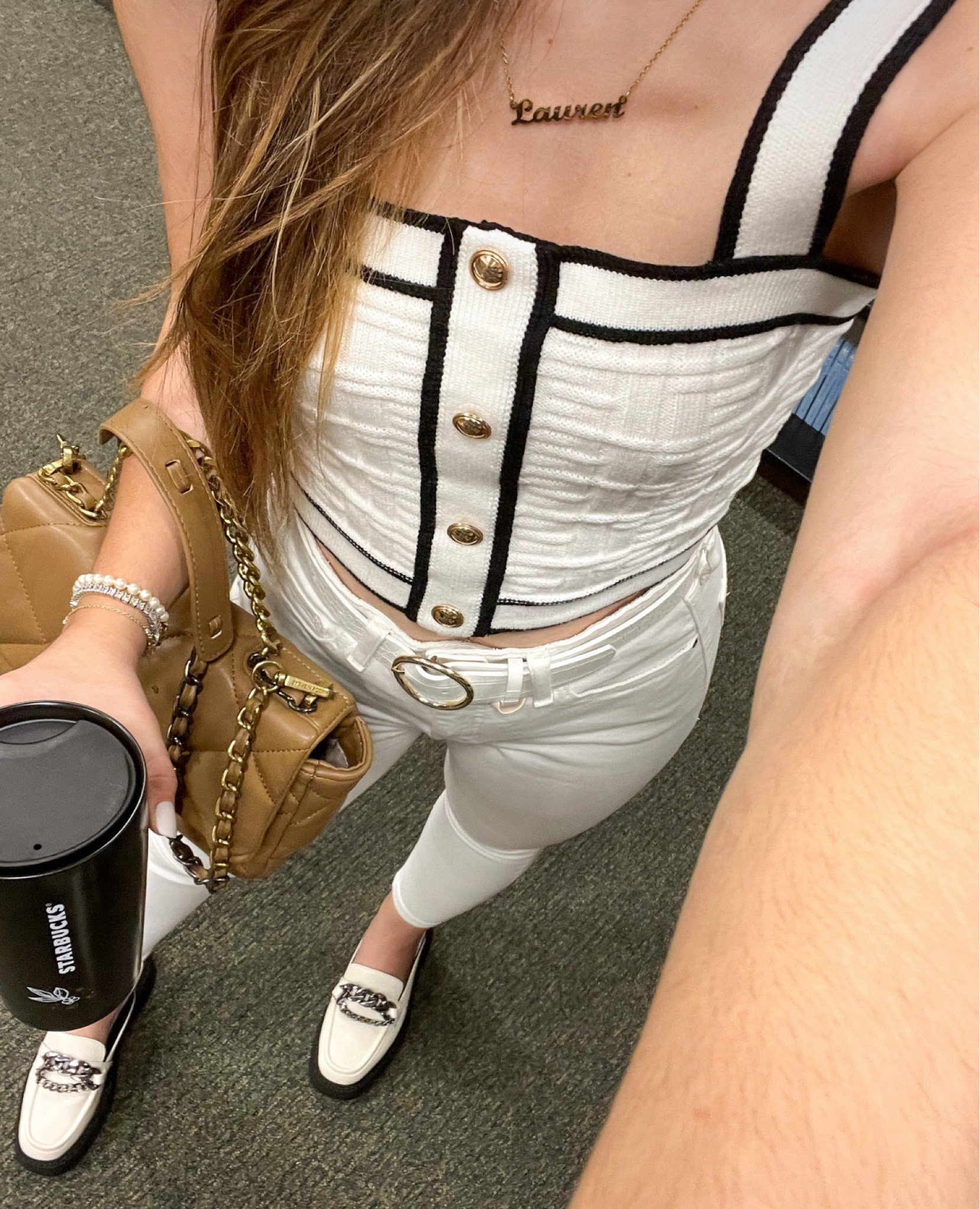 One of my favorite ootd looks: casual chic, old money aesthetic. Chanel vibes crop tank top from Amazon. Paired with white skinny jeans and my new fave chain loafers that y’all will see me wearing during Fall semester to class this back to college season. Love this steve madden crossbody bag, perfect everyday running errands purse. Also linking my pearl bracelet, kendra scott bracelet, and my Starbucks tumblr. Xoxo
 #LTKxNSale 

Follow my shop @lovelyfancymeblog on the @shop.LTK app to shop this post and get my exclusive app-only content!

#liketkit #LTKworkwear #LTKitbag #LTKshoecrush #LTKunder100
@shop.ltk #ltku #ltkbacktoschool