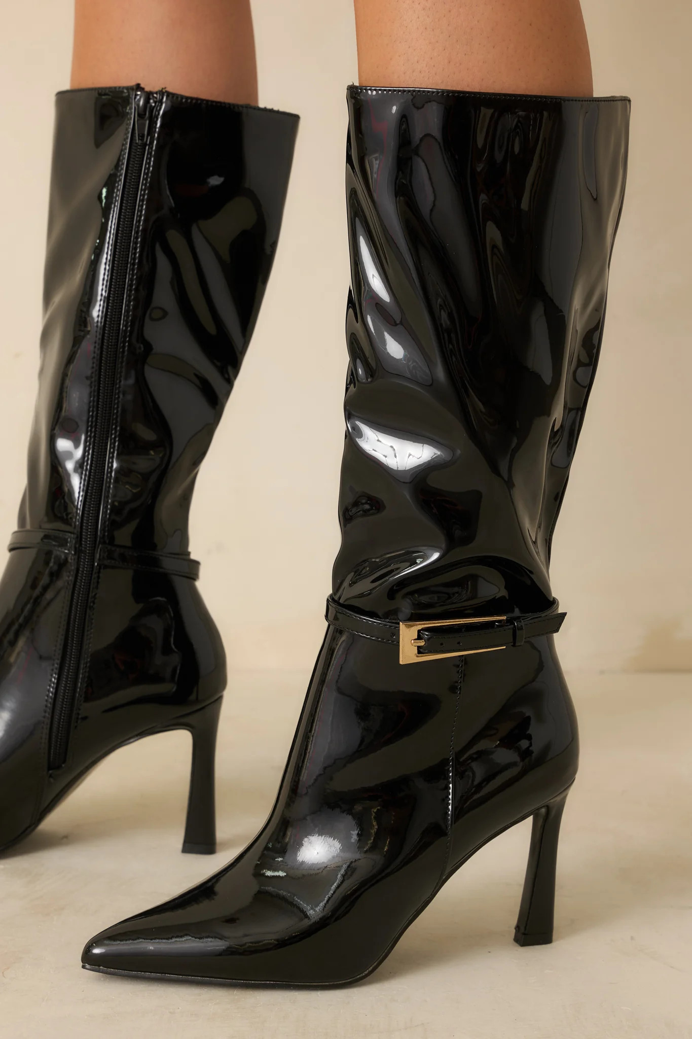 Stay In Touch Black Patent Faux Leather Boots | Red Dress