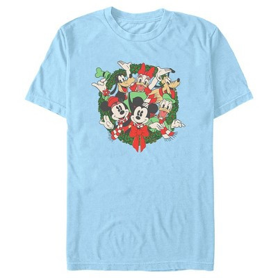 Men's Mickey & Friends Christmas Retro Friends Wreath  T-Shirt - Light Blue - Small | Target