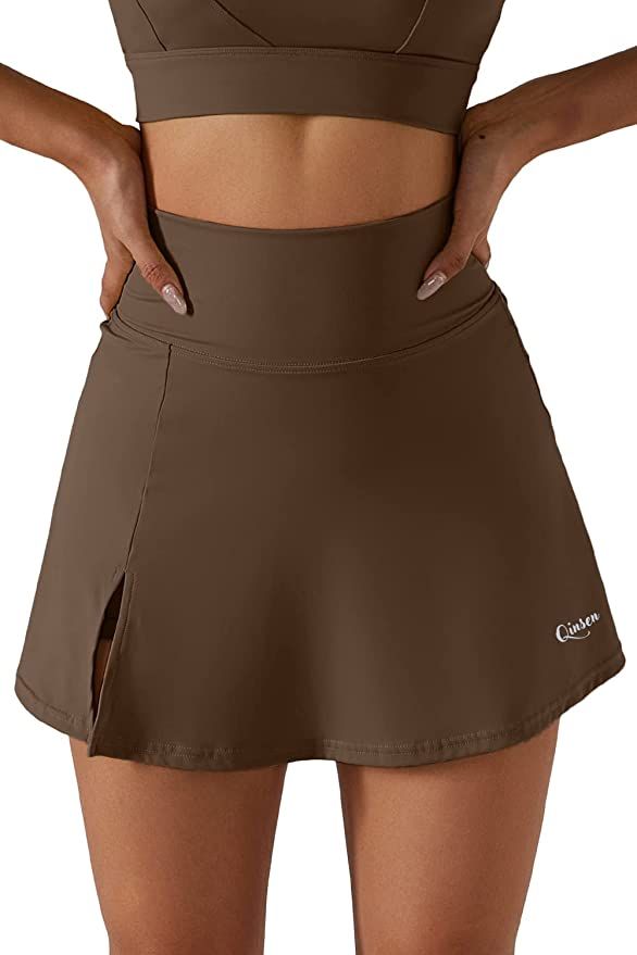 QINSEN Women's Tennis Skirts Stretch High Waisted Golf Skorts Running Sports Workout Activewear | Amazon (US)