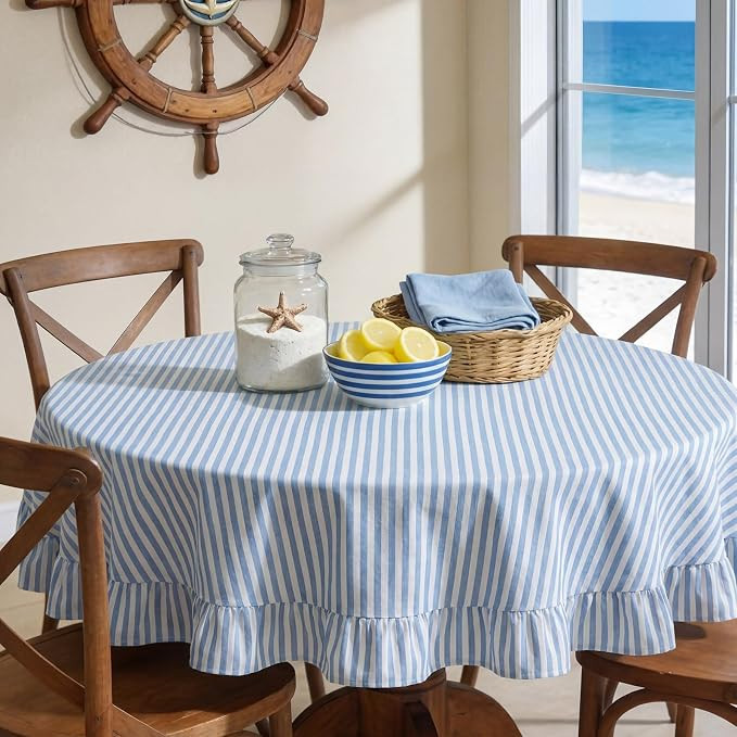 Frienda 60 Inch Blue Stripe Ruffle Table Cloth Farmhouse Round Cotton Linen Scalloped Table Cloth... | Amazon (US)