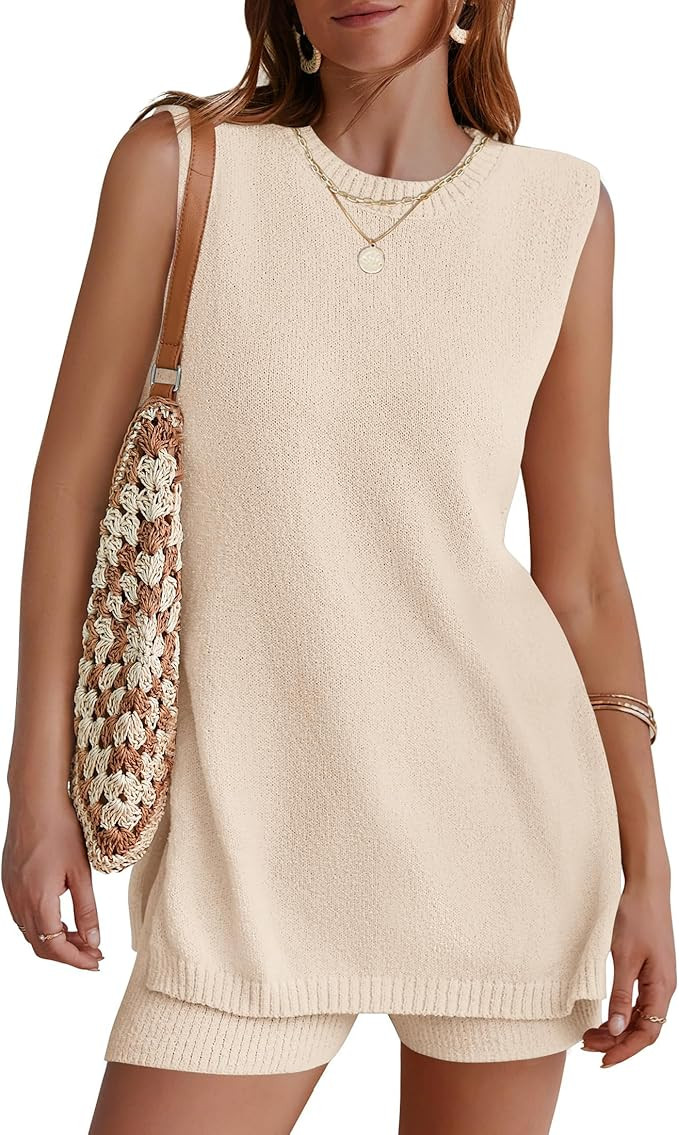 NENONA Women's Summer Sleeveless Sweater Lounge Sets Casual Knit Tunic Tops and Shorts 2 Piece Be... | Amazon (US)