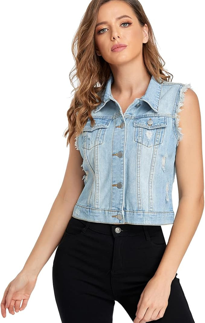MISS MOLY Women Denim Vest Sleeveless Jean Vest with Chest Pockets | Amazon (US)