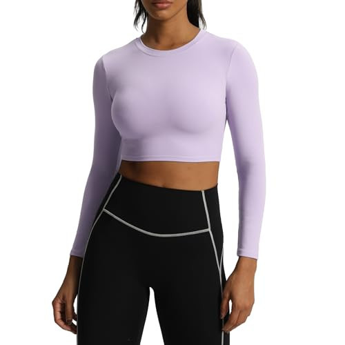 Aoxjox Long Sleeve Crop Tops for Women Classic Longline Workout Cropped T Shirt Top Length (Purple Heather, Medium) | Amazon (US)