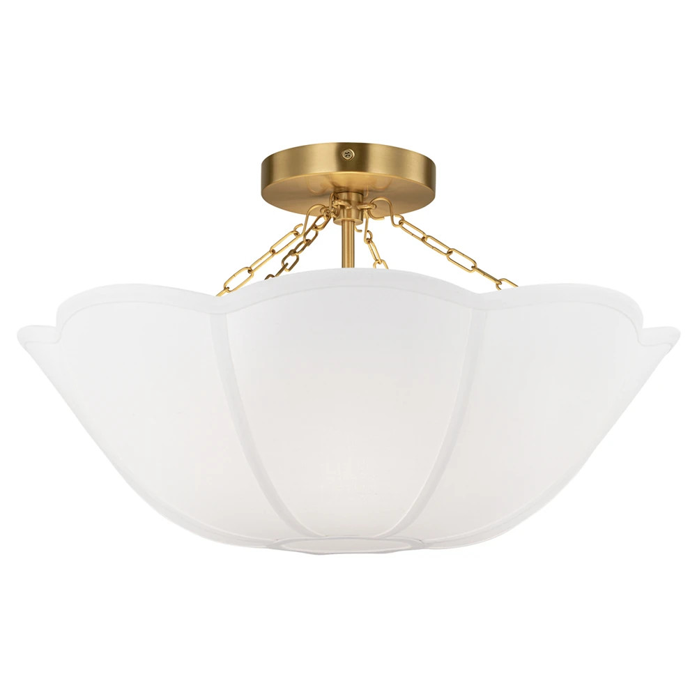 Visual Comfort Studio Stassi French Burnished Brass White Scalloped Shade Semi Flush Mount | Kathy Kuo Home