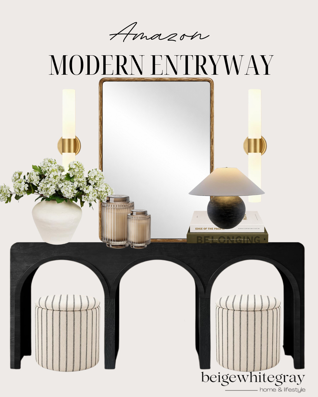 Amazon Modern Entryway, entryway decor, modern entryway, amazon entryway decor, entryway styling, console table decor, black console table, entryway mirror, wall sconces, decorative vase, faux white flowers, table lamp, decorative candles, striped ottomans, foyer ideas, modern home decor, neutral home decor, affordable home decor, amazon home finds, entryway inspiration, luxury look for less, home styling ideas

#LTKHome