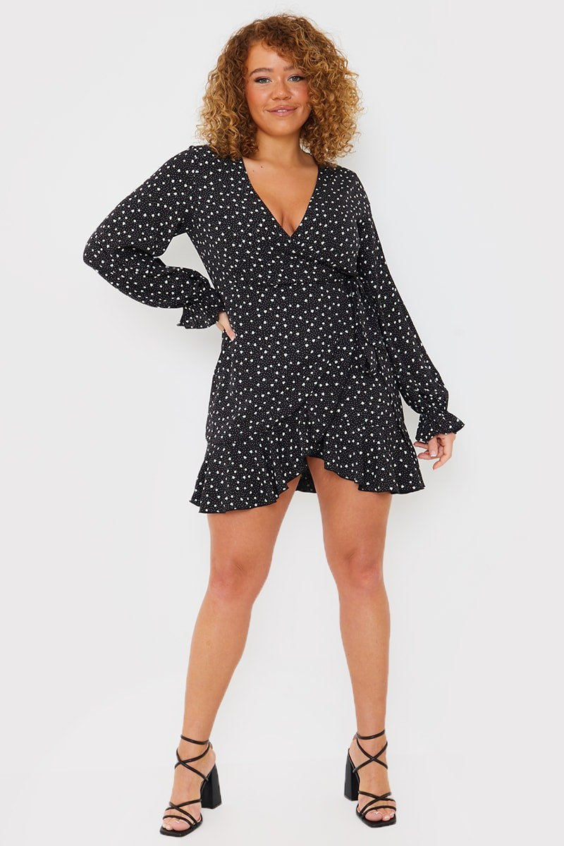 DANI DYER BLACK SPECKLE FLORAL WRAP MINI DRESS | In The Style (UK)