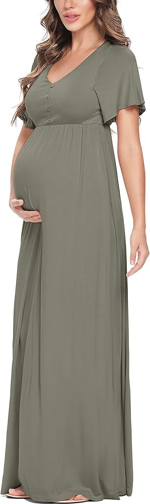 Peauty Maternity Maxi Dress Summer with Decorative Button (S-3XL)/Short Flutter Sleeve Flowy Dres... | Amazon (US)