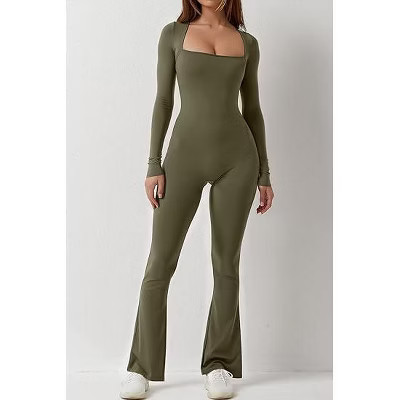DOMETOUR Women Yoga Jumpsuits Square Neck Workout Long Sleeve Gym Yoga Sport Jumpsuits, Army Green-S | Target