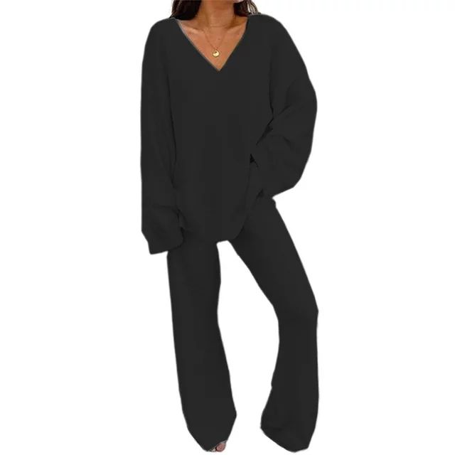 Capreze Long Sleeve Lounge Sets for Women Feelce Pajamas Set V Neck Two Piece Outfit PJ Lounge Sh... | Walmart (US)