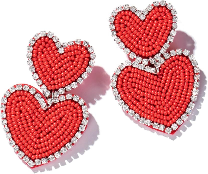 Beaded Heart Shaped Earrings - Handmade Statement Heart Dangle Earrings Gift for Valentine's Day ... | Amazon (US)
