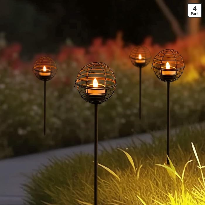 Solar Pathway Lights Outdoor, Rust Iron Ball Candle Holder Stake with Flickering Solar Powered Te... | Amazon (US)