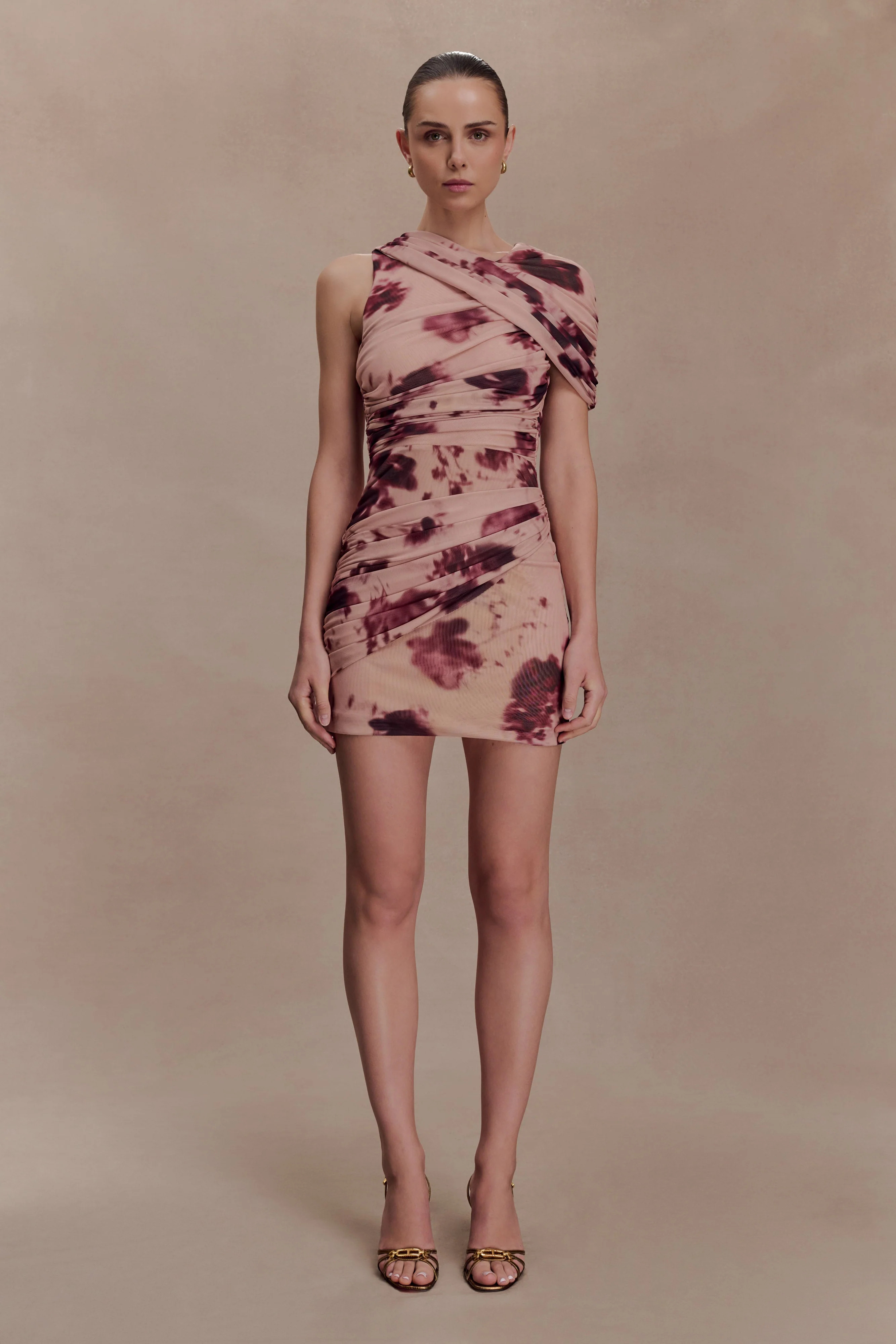 One Shoulder Mesh Mini Dress - Nude Blurred Floral Print | MESHKI US