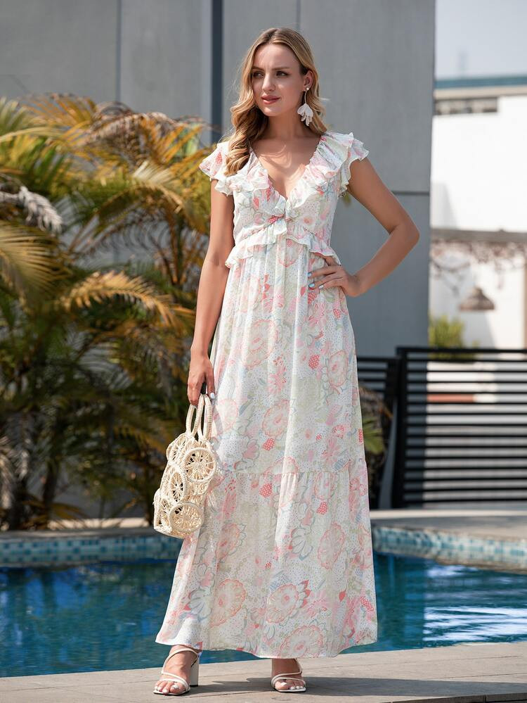 Floral Print Ruffle Trim Maxi Dress | SHEIN