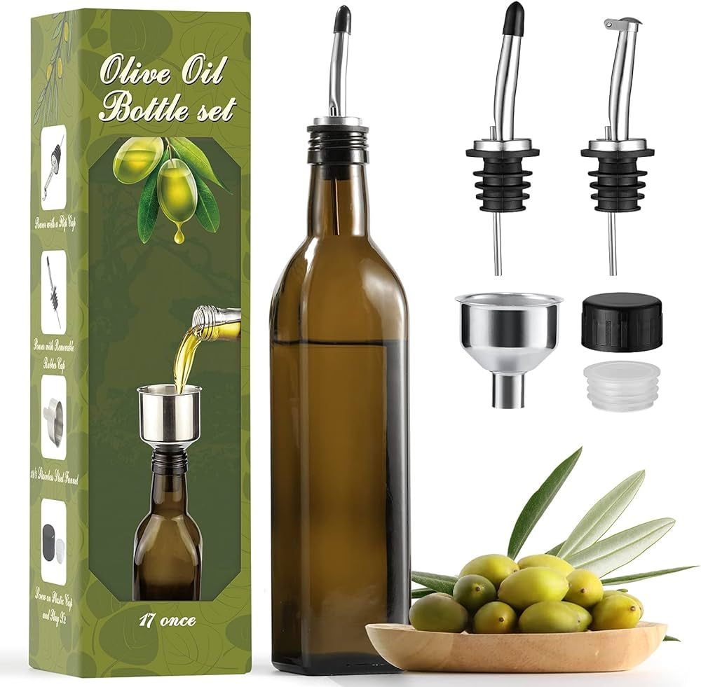 AOZITA 17oz Glass Olive Oil Dispenser - Oil and Vinegar Cruet Bottle with Stainless Steel Pourers... | Amazon (US)