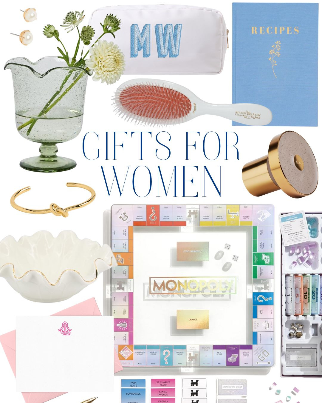 Gift ideas for women! #giftguide #giftsforwomen #giftideas stylish monogram gift ideas | personalized essentials bag | elegant recipe book | chic home decor | gold beauty accessories 

 #LTKGiftGuide #LTKHome #LTKBeauty