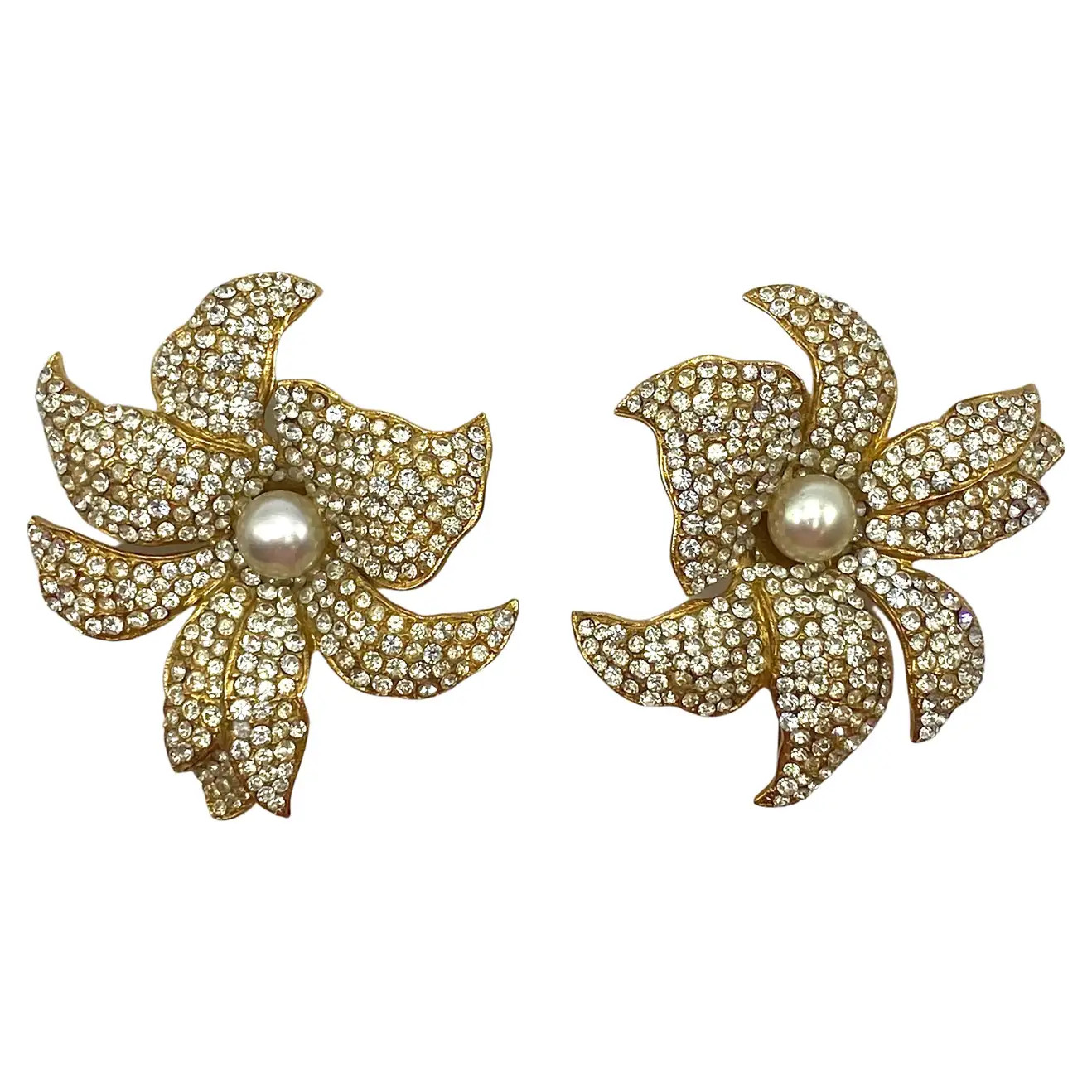 Borbonese, Italy Gold with Pave' Rhinestone Large Flower Earrings | 1stDibs