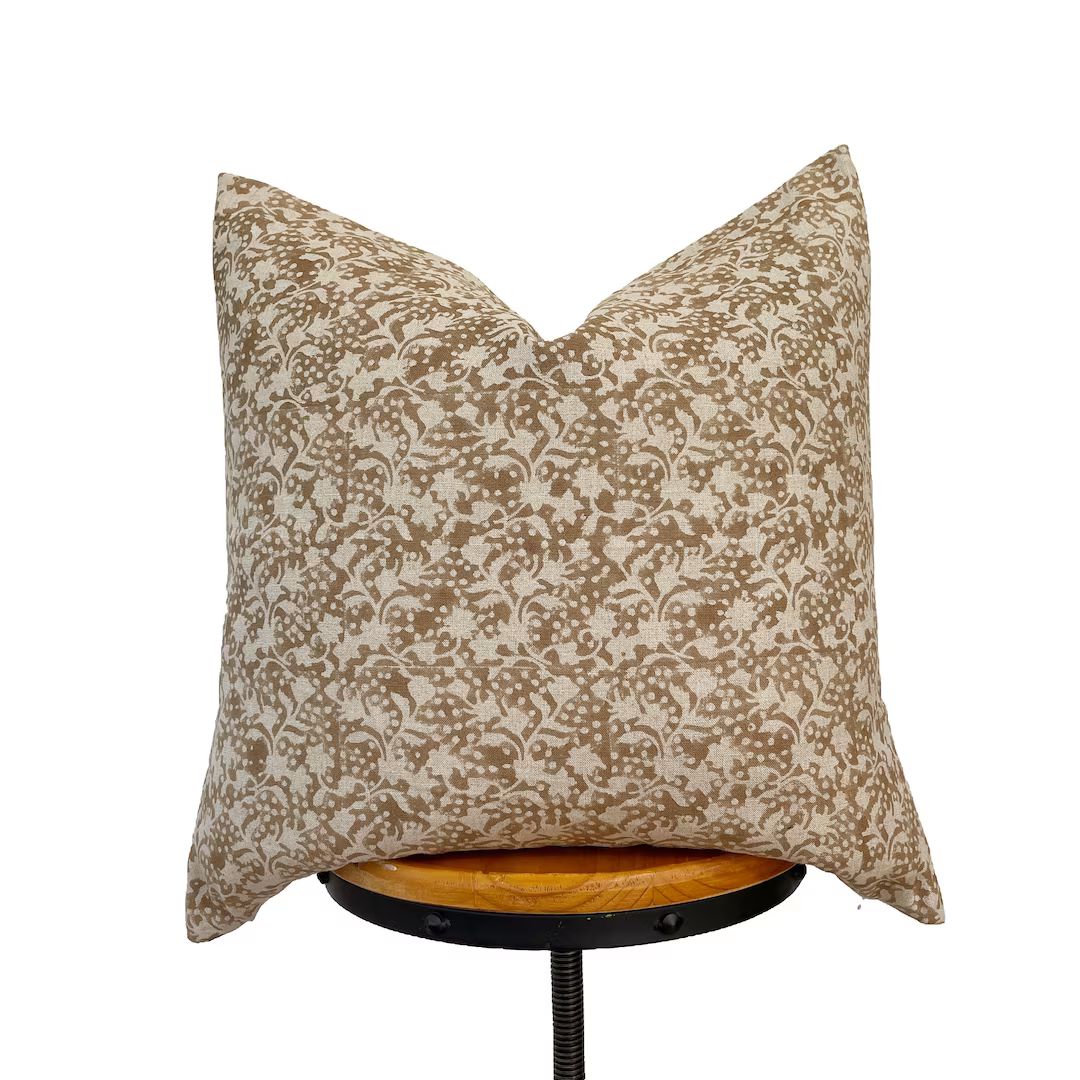 Block Print Linen Pillow Camel Color and Natural Linen Floral - Etsy Canada | Etsy (CAD)