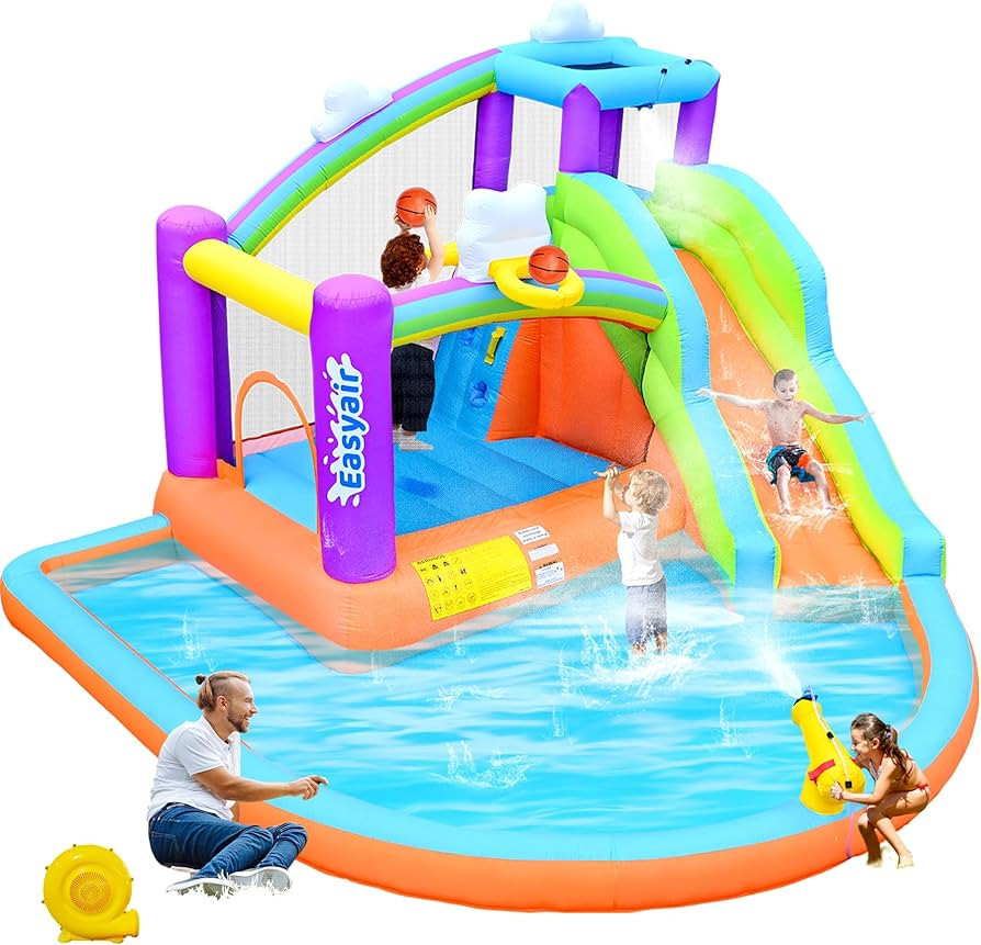 Inflatable Bounce House Water Slide for Kids, Rainbow Cloud Splash Pool, Indoor Or Outdoor Bouncy... | Amazon (US)