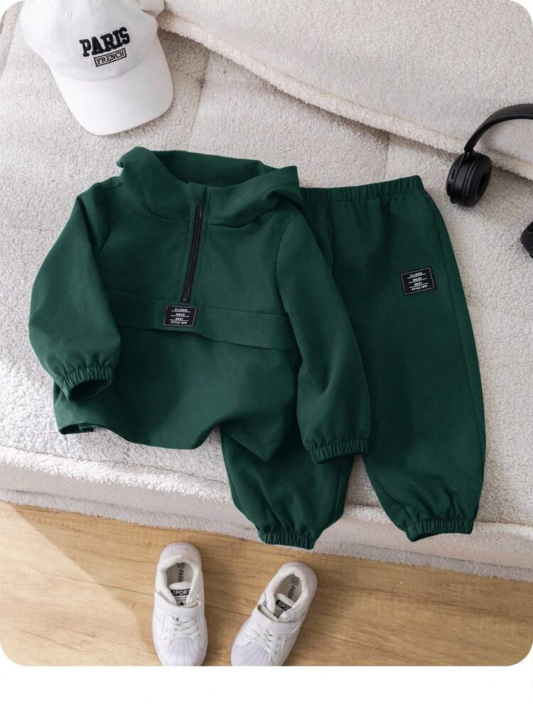 SHEIN 2pcs Baby Boy Olive Green Hoodie Top With Half Placket And Elastic Waist Pants Set, Casual ... | SHEIN