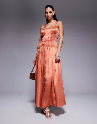 ASOS DESIGN crushed satin smocked bodice maxi dress in copper | ASOS (Global)