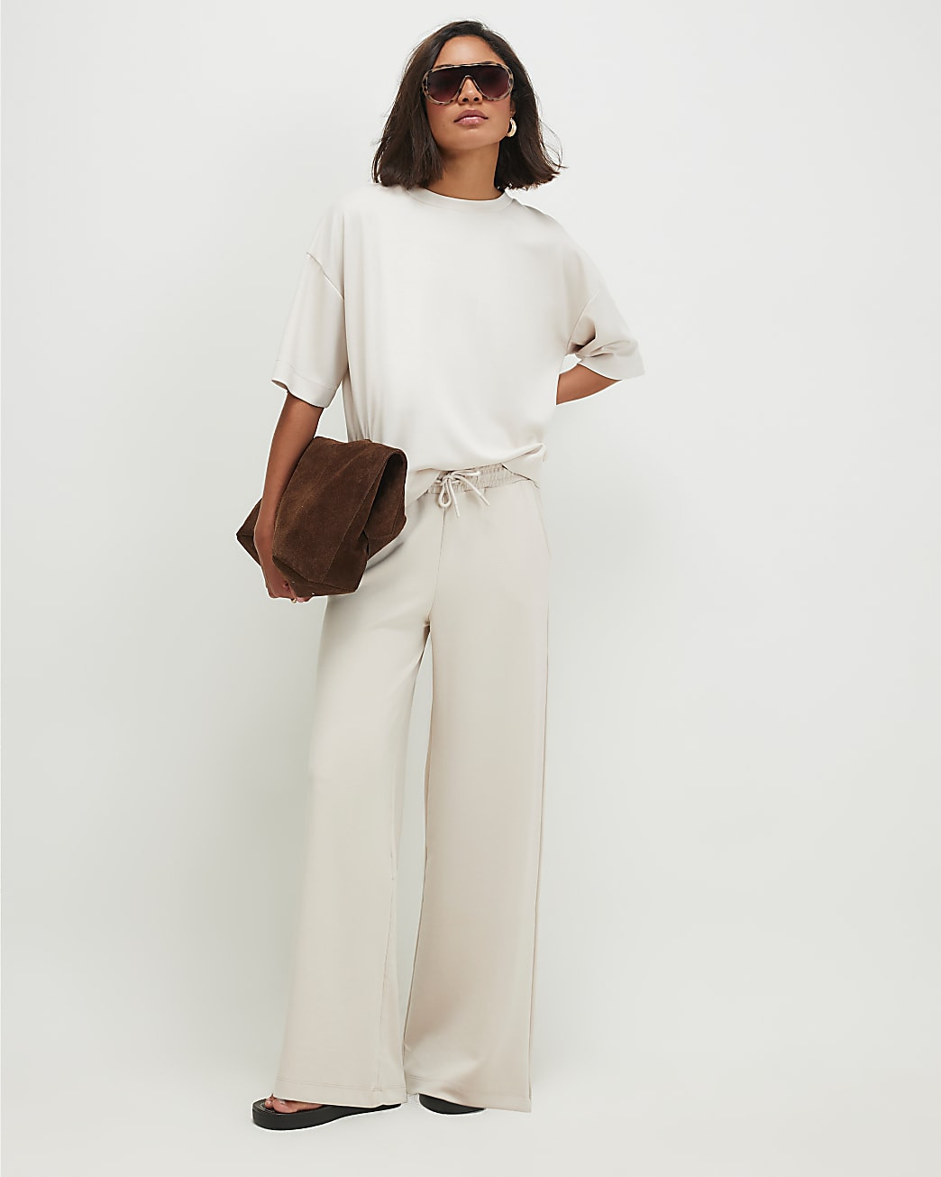 Cream Premium Wide Leg Joggers | River Island UK & IE