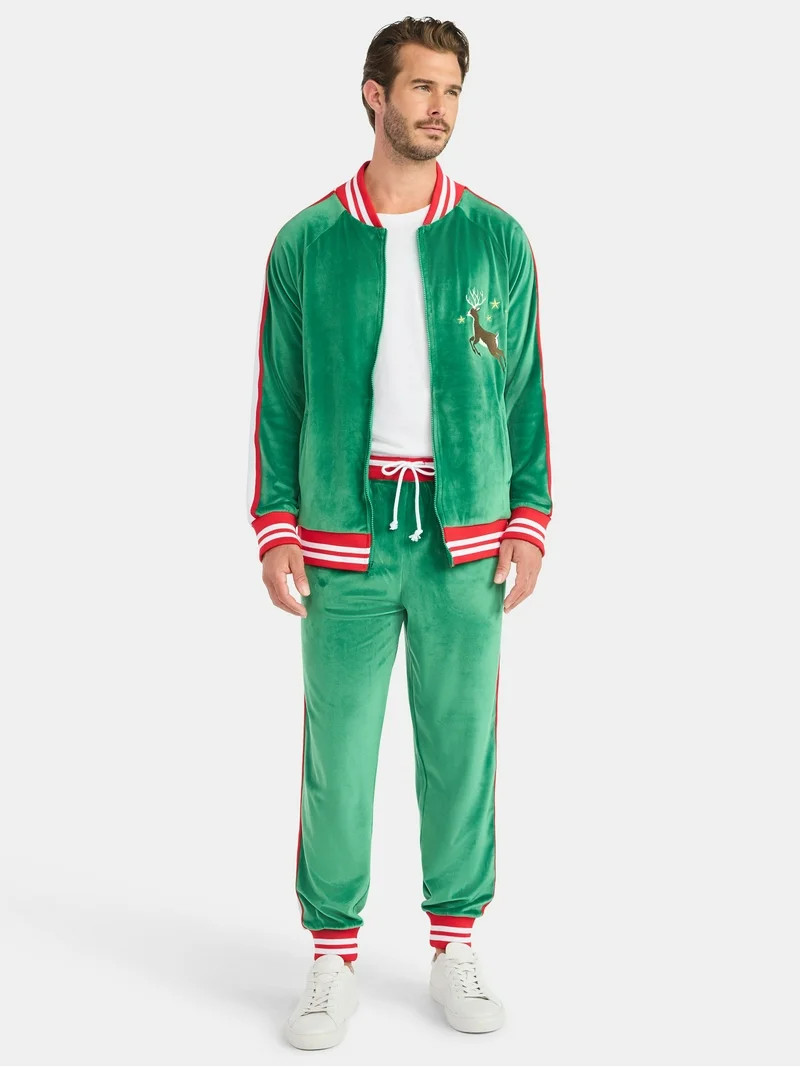 Jolly Knits Men's and Big Men's Velour Christmas Track Jacket and Pants Set, 2-Piece, Sizes S-3XL | Walmart (US)