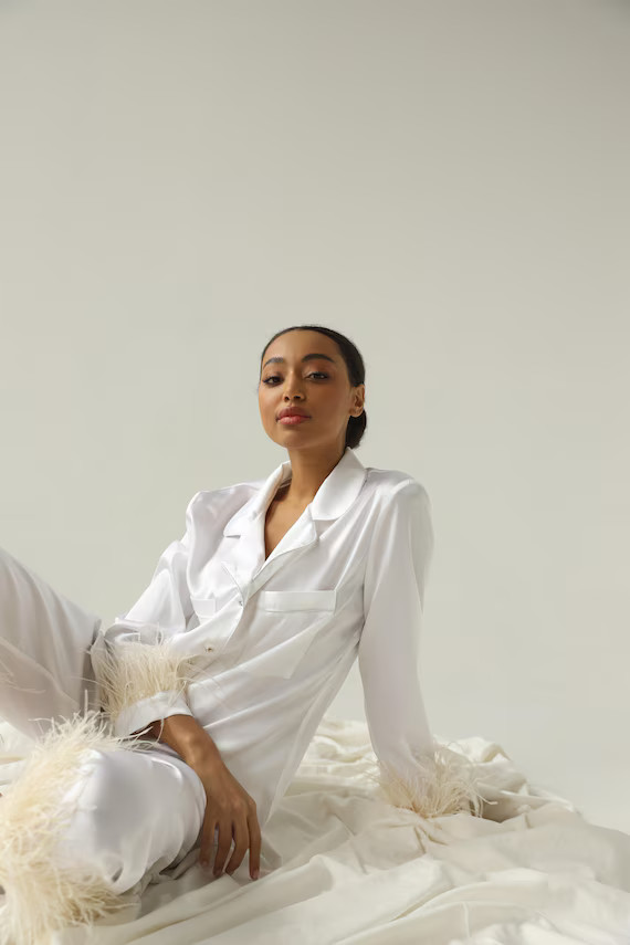 White bride pajama set Bridesmaid pajama set Pure silk pajamas with feather Bridal party pajama S... | Etsy (US)