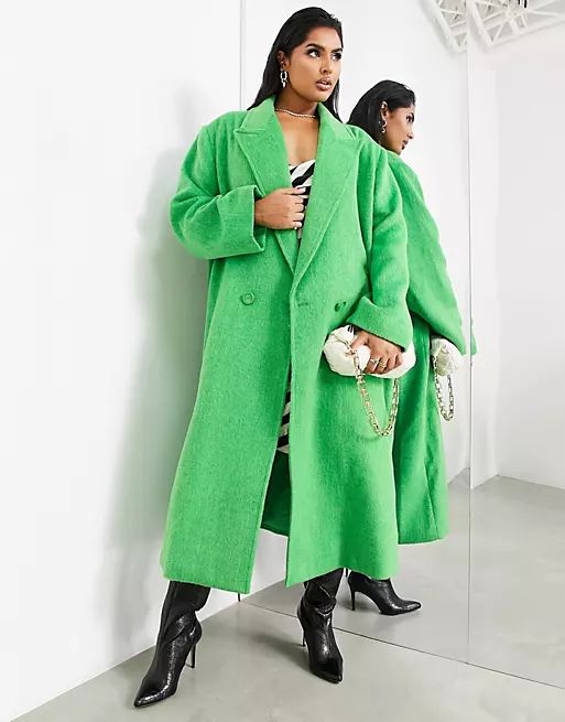 ASOS EDITION Curve longline wool mix coat in bright green | ASOS (Global)