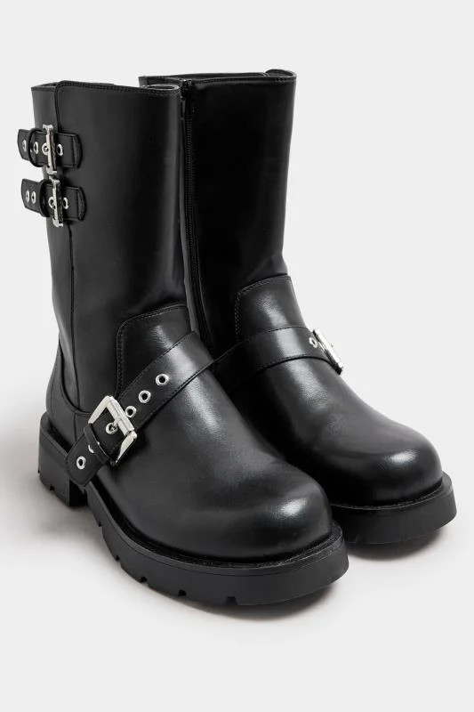 Black Faux Leather Biker Calf Boots In Extra Wide EEE Fit | Yours Clothing UK