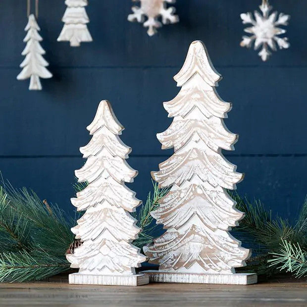 Carved Wood Fir Tree Tabletop Decor Set of 2 | Antique Farm House