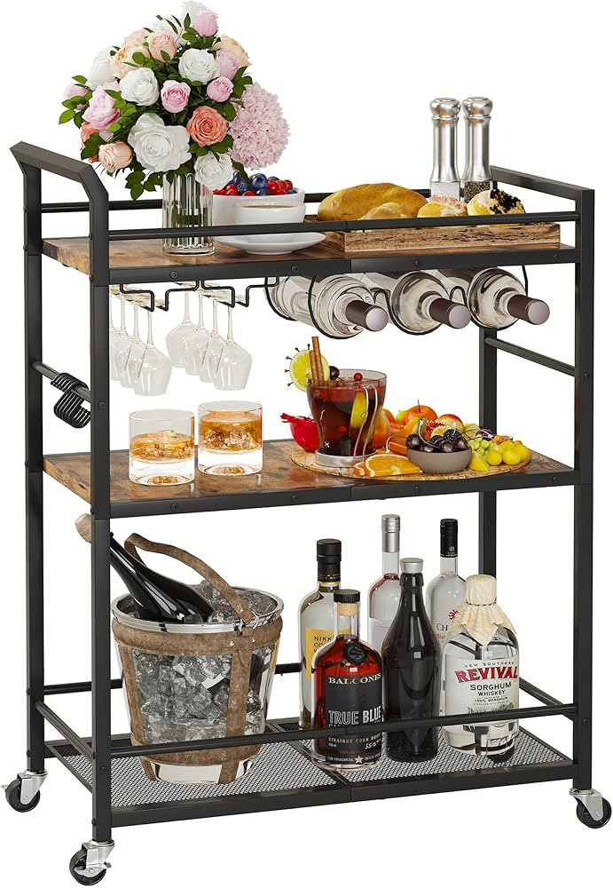 3 Tier Bar Cart, Small Beverage Cart, Mini Bar Cart with Wine Rack, Home Bar Serving Cart with Wh... | Amazon (US)