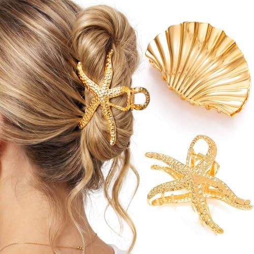BARTOSI Shell Claw Clips Gold Metal Hair Clips Large Strafish Hair Claw for Thick Hair Noslip Hair Accessories for Women and Girls (Pack of 2) | Amazon (US)