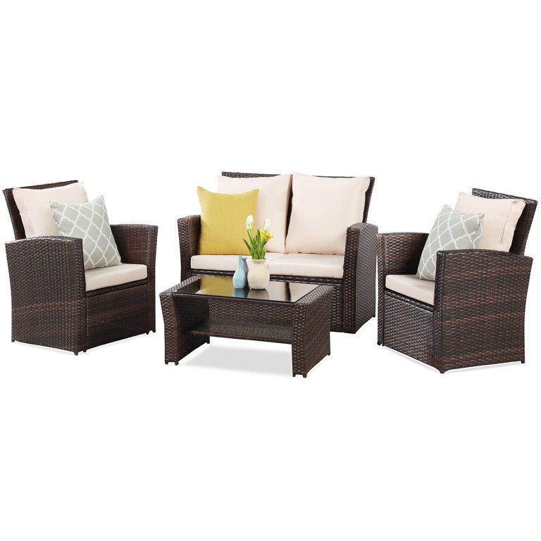 Superjoe 4 Pcs Outdoor Patio Furniture Sets, Wicker Rattan Conversation Set, Brown | Walmart (US)