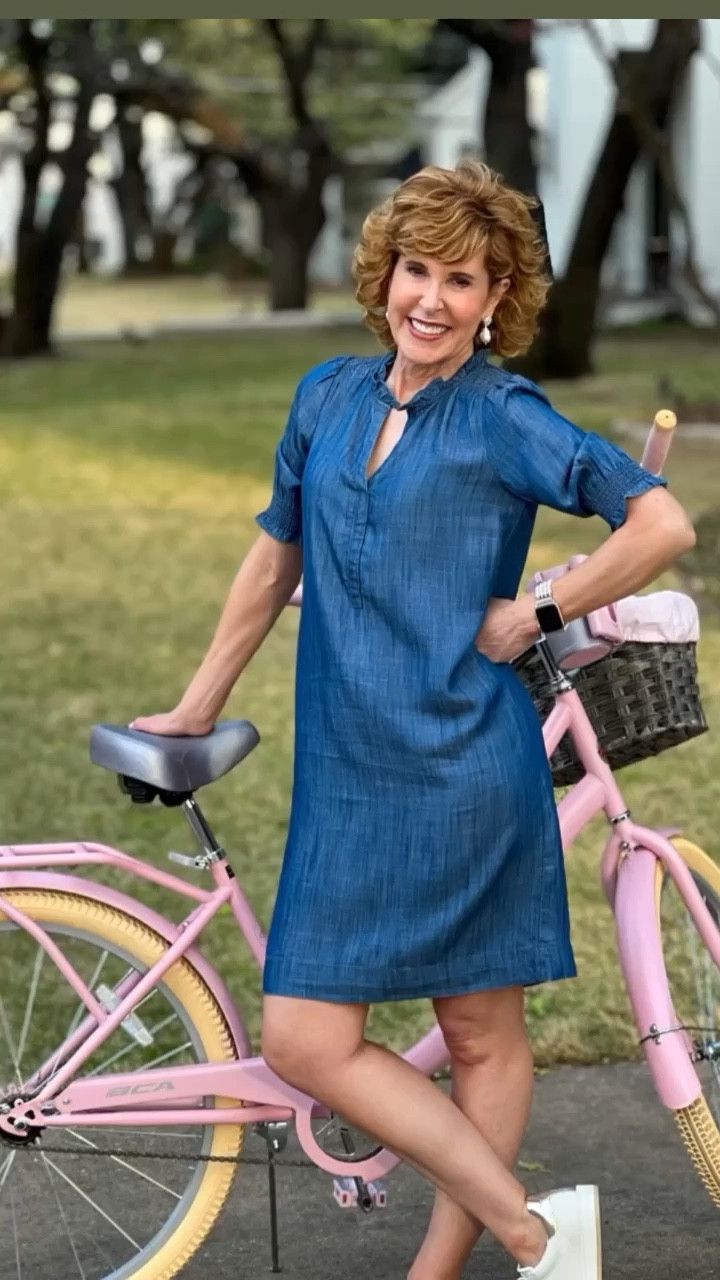 Looking for spring dresses? This spring dress is so versatile! It’s a Tencel denim shift dress, with a sweet ruffled collar and smocked elbow length sleeves! 

I paired it with pearl earrings, a pearl Apple Watch band and white platform sneakers for a cute and casual look that works for errands, a walk around the neighborhood, or even a bike ride! 

I’m 5’5” and I’m wearing a Petite in this dress. It’s ta 25% off this weekend! 

My pink bike is on sale too! I love the basket in the front and the water bottle & cell phone holder that attach to the side of the handlebars!

#LTKsalealert #LTKSeasonal #LTKshoecrush