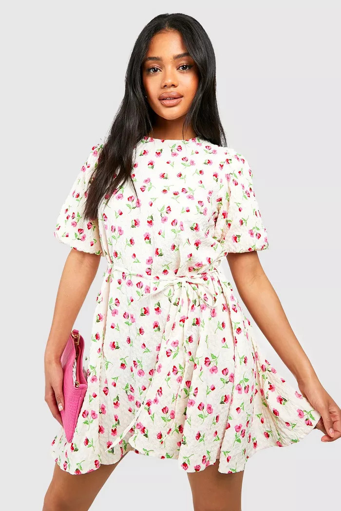 Floral Textured Puff Sleeve Smock Dress | Boohoo.com (US & CA)
