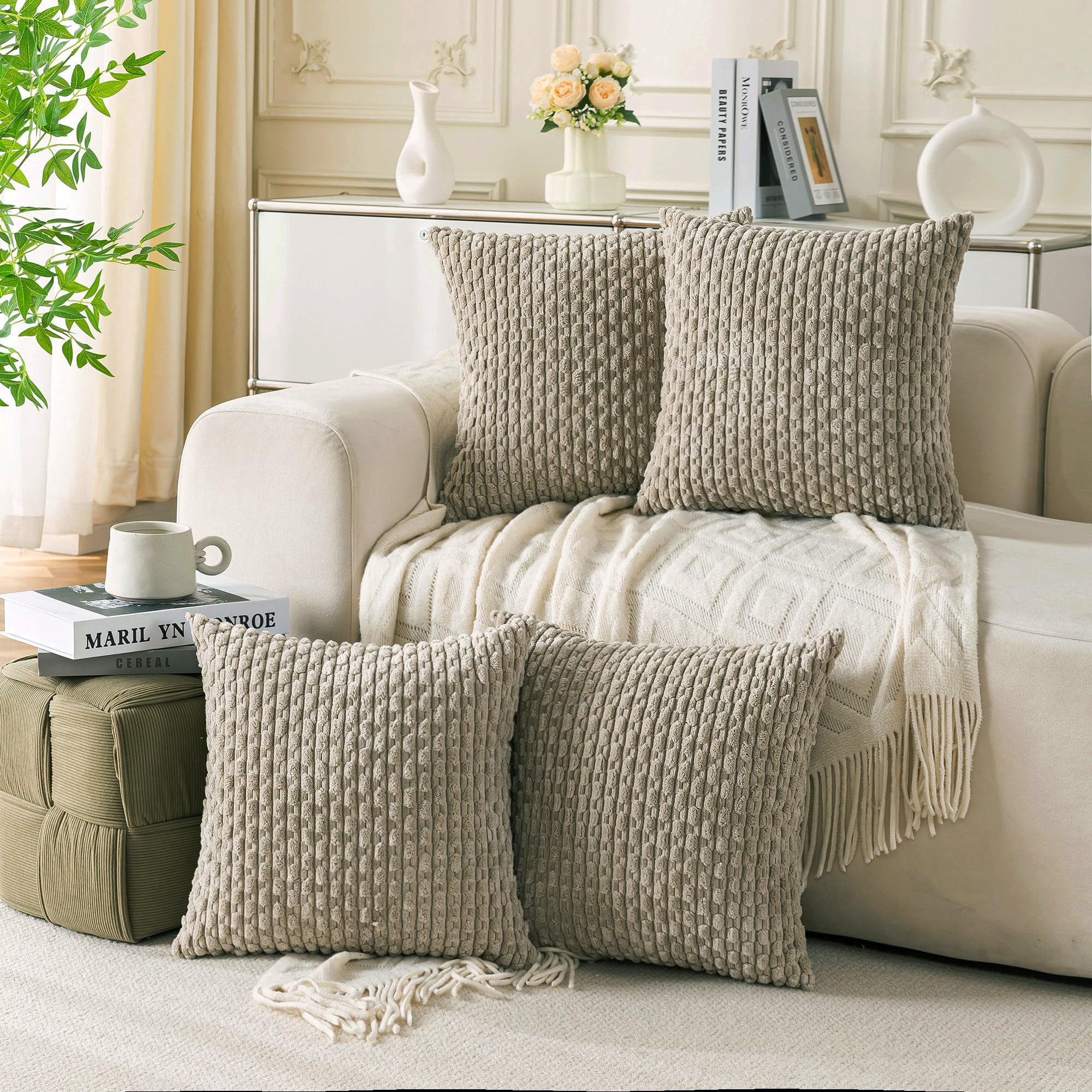 Set of 4 Taupe Decorative Throw Pillow Covers 18x18 Inch Corduroy Pillow Covers for Bed Couch Sof... | Amazon (US)