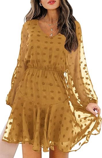KIRUNDO Women’s Dress Long Sleeves V Neck Flowy Mini Dress Swiss Dot High Waist Chiffon Casual ... | Amazon (US)