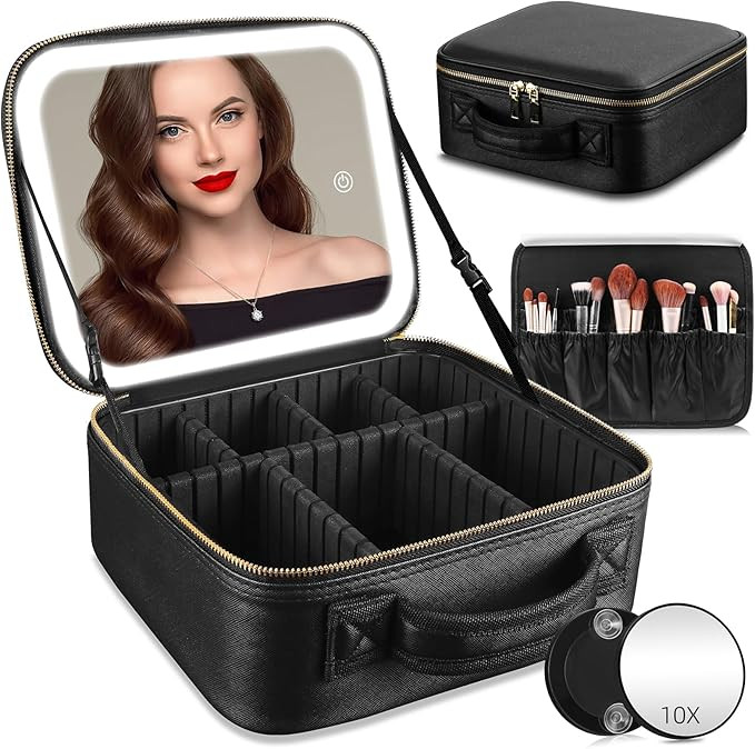 Travel Makeup Bag with Mirror of LED Lighted, Makeup Train Case with Adjustable Dividers, Makeup ... | Amazon (US)