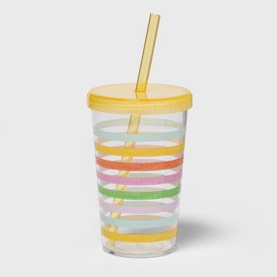 12oz Plastic Tritan Striped Tumbler with Straw &#38; Lid Yellow - Spritz&#8482; | Target