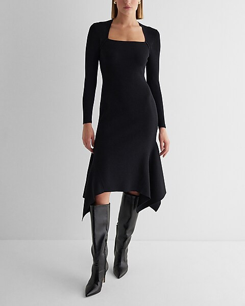 Ribbed Square Neck Asymmetrical Hem Midi Sweater Dress | Express