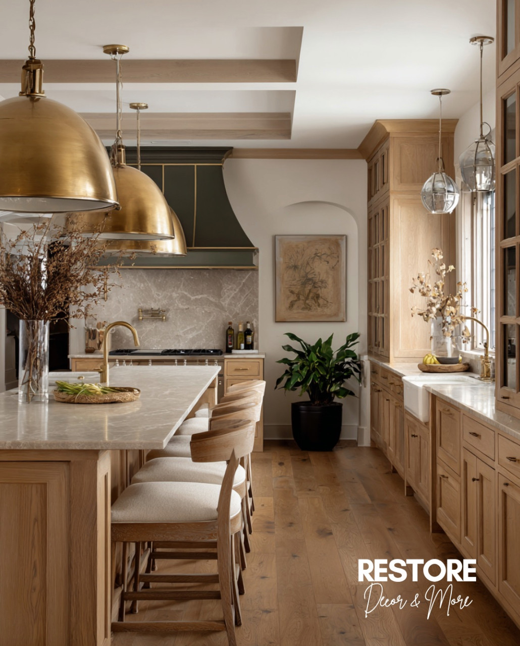 ✨ Kitchen goals right here! ✨ This space has it all — warm oak cabinetry, oversized brass pendants, a luxe marble backsplash, and even a pop of deep green on the range hood. The mix of textures makes it feel both modern and timeless, and I’m obsessed with how inviting it looks. Would you go bold with a green hood in your kitchen? 💚 

 #LTKHome