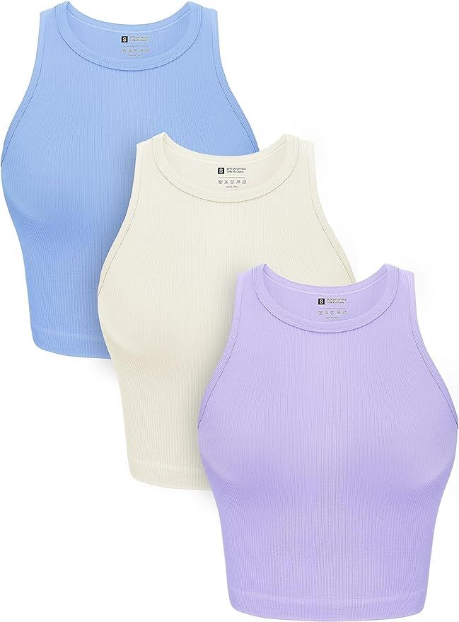 OLCHEE Womens 3 Pack Crop Tank Tops Basic Seamless Ribbed Round High Neck Racerback Workout Top S... | Amazon (US)