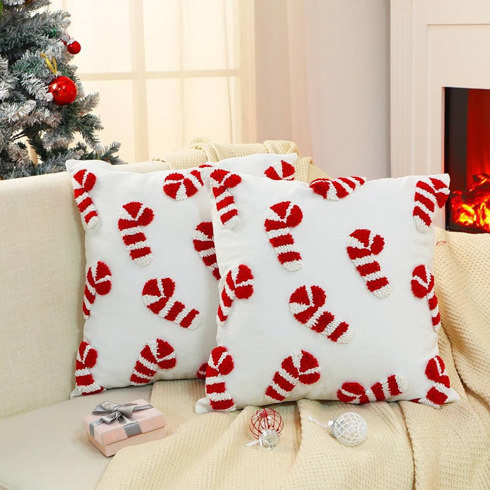 Mixweer 2 Pcs Tufted Christmas Throw Pillow Cover 18 x 18 Inch Christmas Hat Pillow Covers 3D Can... | Amazon (US)