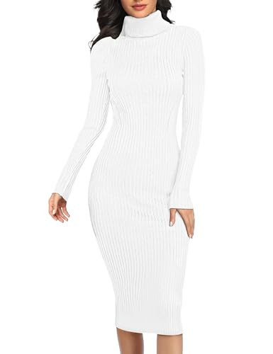 v28 Women Long Turtleneck Knit Stretchable Elasticity Long Sleeve Slim Fit Sweater Dress(S,White) | Amazon (US)