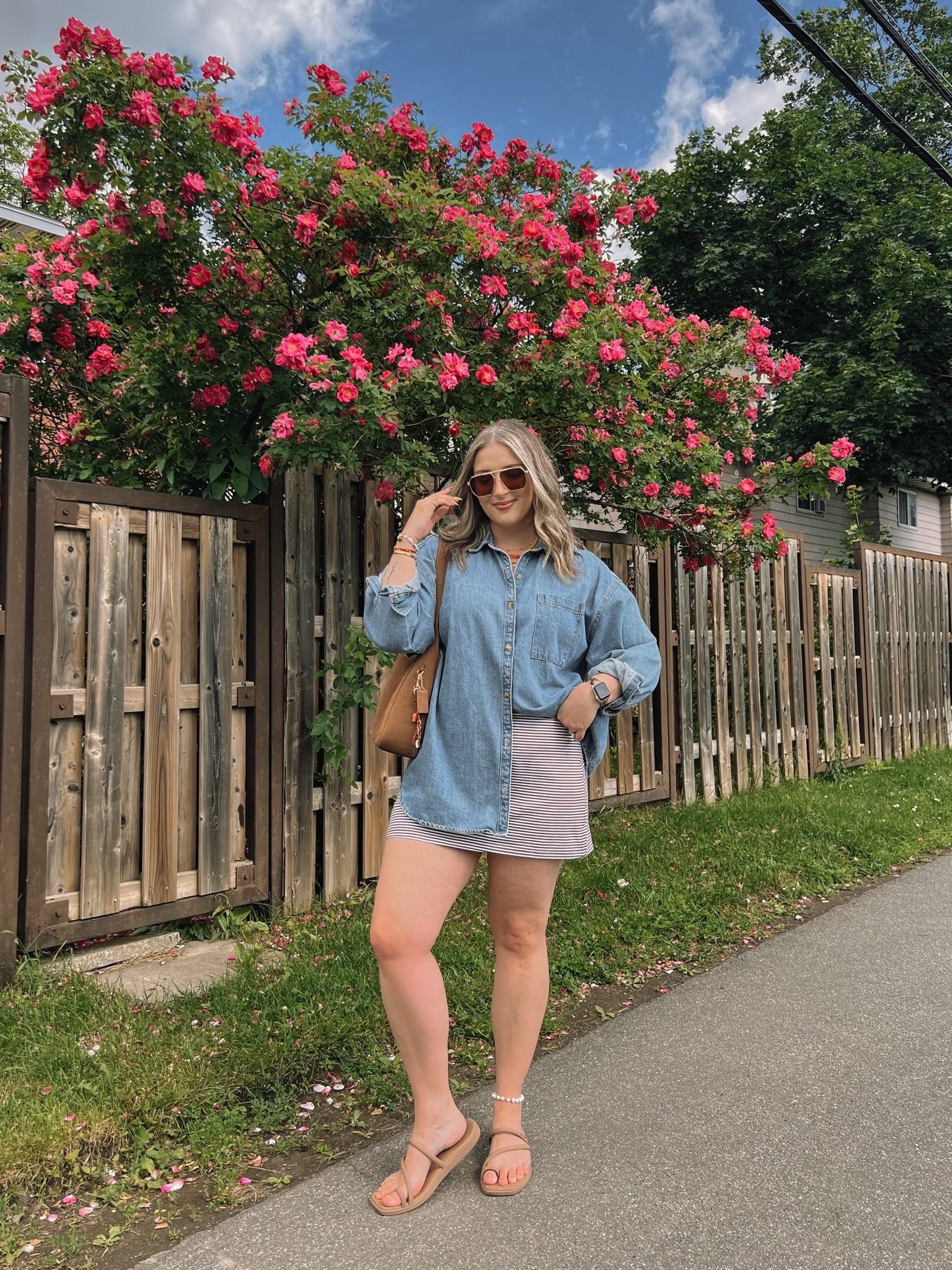Simple summer outfit! Wearing my usual size L in the denim shirt and striped mini skirt (has built in shorts)! Crocs sandals are super comfy, I’m a 9.5-10 and wear a 10. Canadian shirt & Crocs links under “similar products”

#LTKsummer #LTKmidsize #LTKsale