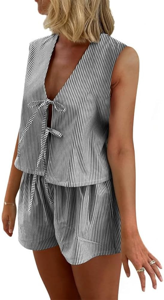 Women Casual Summer Lounge Set Y2k 2 Piece Outfits Set Sleeveless Tie Front Tank Top Vest Boxer S... | Amazon (US)
