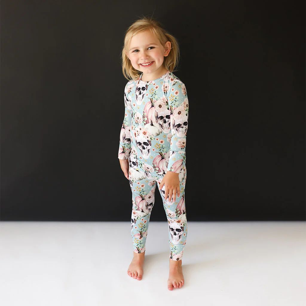 Floral Skulls Sage Long Sleeve Toddler Pajamas | Rosie | Posh Peanut